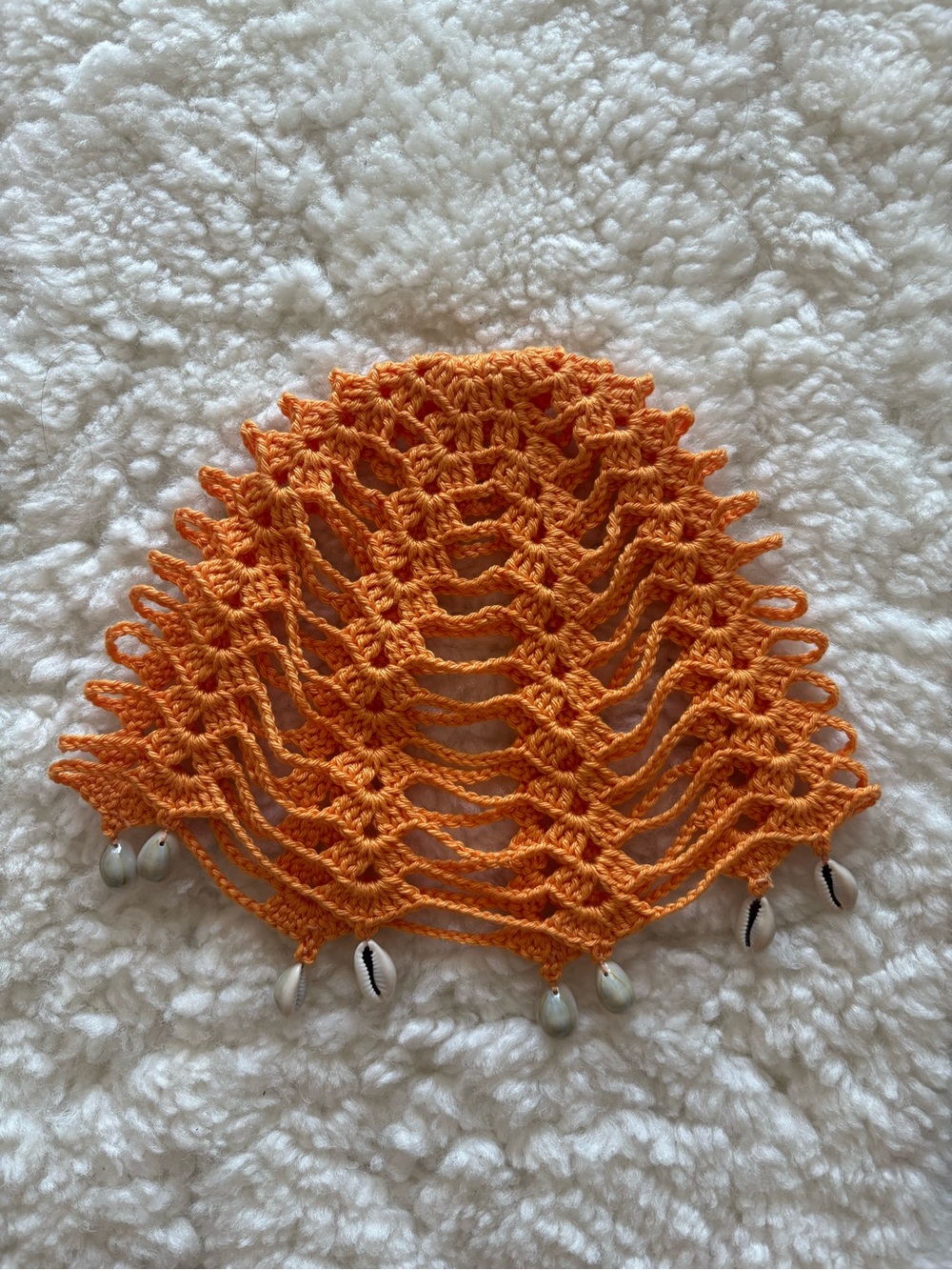 Handcrafted Orange Crochet Hair Cover with Shell Accents